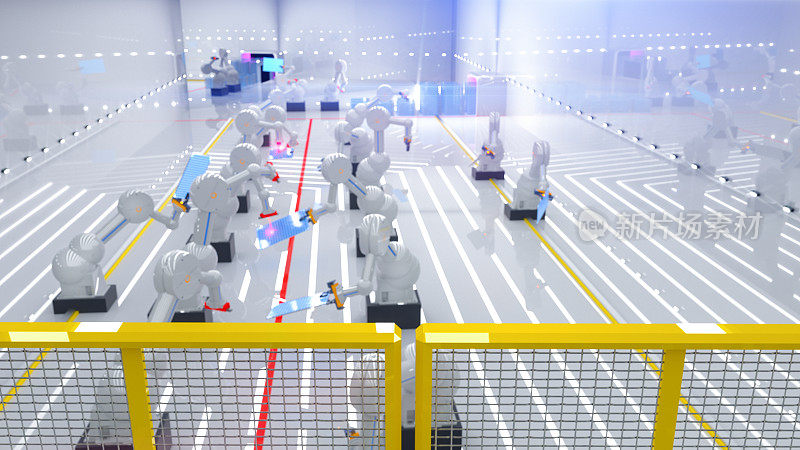 智能自动化工业机器人在行动-工业4.0概念- 3D渲染